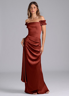 Azazie Kalysia Bridesmaid Dresses Terracotta Mermaid Off the Shoulder Stretch Satin Convertible Dress image1