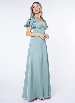Azazie Lani Bridesmaid Dresses Moody Blue A-Line Flounce Sleeve Stretch Satin Dress image4