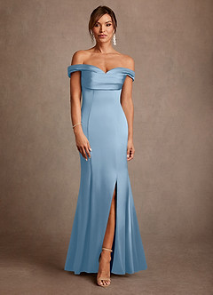 Azazie Boone Abiti per la Madre della Sposa Abito Sirena in Raso Elasticizzato a Spalla Scoperta Azzurro Polvere image2