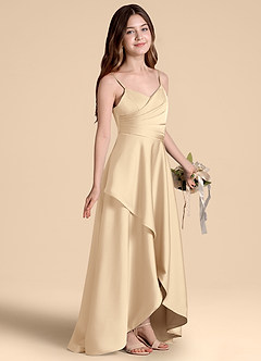 Azazie Prisha Junior Jurk van Stretch Satijn met A-Lijn Geplooid Champagne image1