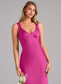 Azazie Kamila Bridesmaid Dresses Fuchsia A-Line Pleated Stretch Satin Dress image7