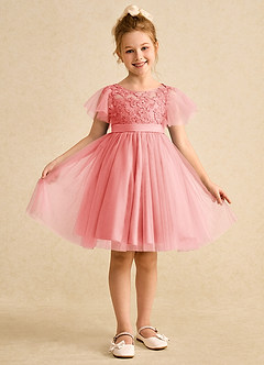 Azazie Queenie Robe Demoiselle D'honneur Fillette Robe Trapèze en Dentelle Corail image1