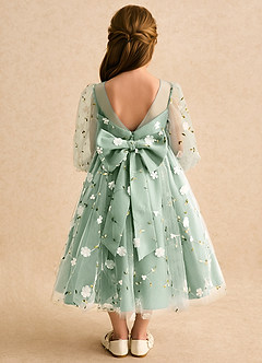Azazie Elowen Blumenmädchenkleider A-Linie Herzausschnitt Spitze Kleid Matcha image2