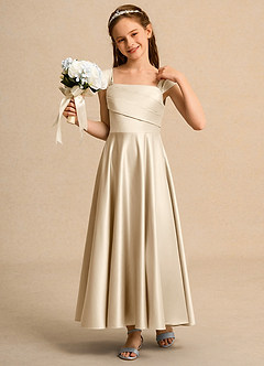 Azazie Bundle Girls Formal Flower Girl Dresses Champagne A-Line Pleated Matte Satin Dress image4