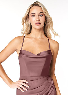 Azazie Marzia Bridesmaid Dresses Vintage Mauve Sheath Cowl Pleated Stretch Satin Dress image6