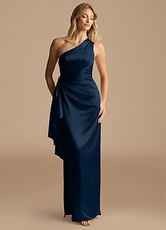 Azazie Saira Final Sale Auburn Sheath One Shoulder Metallic Satin Dress image1