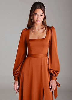 Azazie Leonia Bridesmaid Dresses Burnt Orange A-Line Long Sleeve Stretch Satin Dress image6