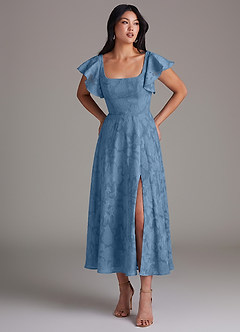 Azazie Bondi Bridesmaid Dresses Steel Blue A-Line Ruched Floral Burnout Dress image1