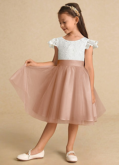 Azazie Vetty Flower Girl Dresses Ivory Champagne Rose A-Line Lace Tulle Dress image4