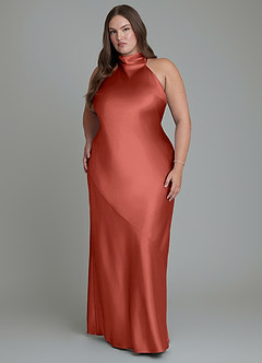 Azazie Velli Bridesmaid Dresses Terracotta Sheath High Neck Metallic Satin Dress image7