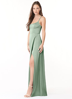 Azazie Halsey Final Sale Agave A-Line Side Slit Stretch Satin Dress image4