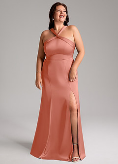 Azazie Rue Vestidos de damas de honor Vestido de Rosa Salmón de Satén Elástico de Corte Sirena con Plisado image11