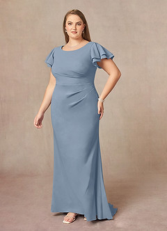 Azazie Peppermint Final Sale Dusty Blue Mermaid Scoop Ruched Stretch Crepe Dress image8