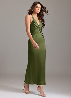 Azazie Valerie Robes de demoiselle d'honneur Robe Sirène en Satin extensible Plissée Olive image4