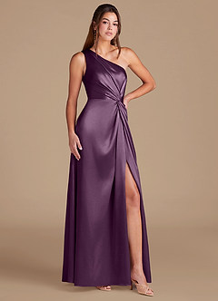 Azazie Brooke Bridesmaid Dresses Plum A-Line One Shoulder Metallic Satin Dress image3