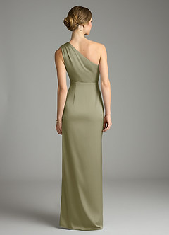 Azazie Emorie At-home Try On Dresses Dusty Blue Sheath One Shoulder Stretch Satin Dress image6