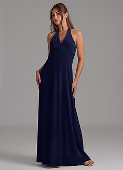 Azazie Tessie Bridesmaid Dresses Dark Navy A-Line Pleated Velvet Dress image6
