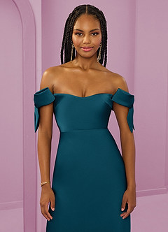 Barbie ♥ Azazie Bridesmaid Dresses Ink Blue Sheath Off the Shoulder Stretch Satin Convertible Dress image5