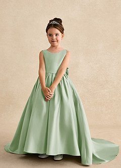 Azazie Mimia Flower Girl Dresses Dusty Sage A-Line Bow Matte Satin Dress image3