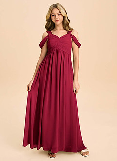 Azazie Lianne Junior Burgundy A-Line Off the Shoulder Chiffon Dress image2
