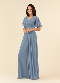 Azazie Emmeline Mother of the Bride Dresses Dusty Blue A-Line V-Neck Pleated Mesh Dress image3
