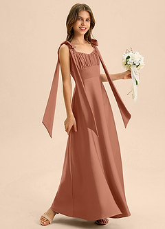 Azazie Halley Junior Abito A-Line in Raso Elasticizzato Fiocco Bronzo image5