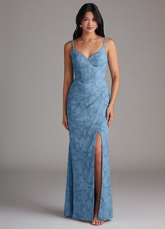 Azazie Leo Bridesmaid Dresses Steel Blue Sheath Pleated Floral Burnout Dress image1