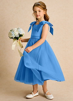 Azazie Serene Abiti da Ragazza di Fiori Abito Principessa in Raso Opaco Fiocco Blue Jay image2