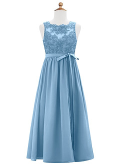 Azazie Elly Junior Jurk van Chiffon met A-Lijn Kant Staal Blauw image6
