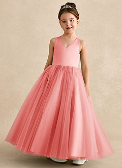 Azazie Peanut Flower Girl Dresses Coral A-Line Strap Tulle Dress image4