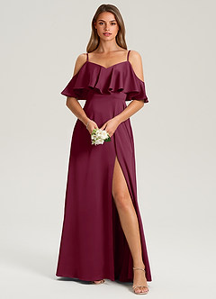 Azazie Jean Bridesmaid Dresses Mulberry A-Line Off the Shoulder Stretch Satin Dress image1