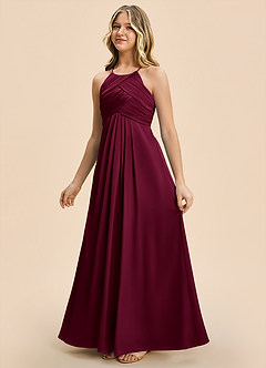 Azazie Ginny Junior Burgundy A-Line Pleated Stretch Satin Dress image7