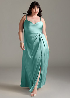 Azazie Brielle Bridesmaid Dresses Aqua A-Line Cowl Spaghetti Straps Stretch Satin Dress image8