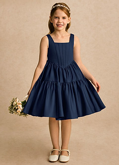 Azazie Myla Flower Girl Dresses Dark Navy A-Line Pleated Matte Satin Dress image1