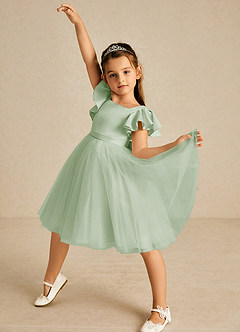 Azazie Kaeya Robe Demoiselle D'honneur Fillette Robe Trapèze en Tulle Arc Vert Sauge image2