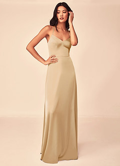 Azazie Mei Bridesmaid Dresses Gold A-Line V-Neck Stretch Satin Dress image5