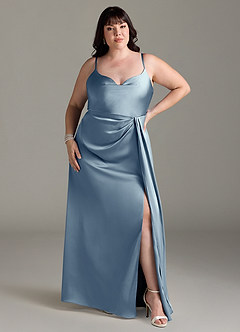 Azazie Brielle Bridesmaid Dresses Dusty Blue A-Line Cowl Spaghetti Straps Stretch Satin Dress image6