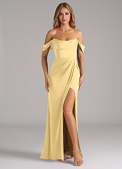 Azazie Johana Robes de demoiselle d'honneur Robe Sirène Convertible en Satin extensible Épaule décolletée Beurre image3
