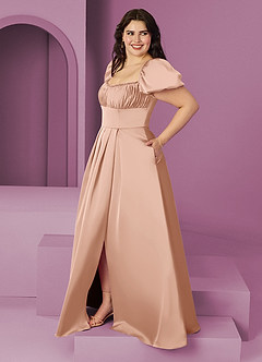Barbie ♥ Azazie Bridesmaid Dresses Rose Gold A-Line Ruched Stretch Satin Dress image3