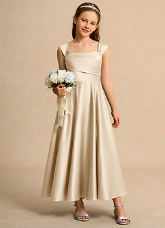 Azazie Bundle Girls Formal Flower Girl Dresses Champagne A-Line Pleated Matte Satin Dress image3