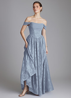 Azazie Raisa At-home Try On Dresses Dusty Blue A-Line Off the Shoulder Floral Burnout Dress image6