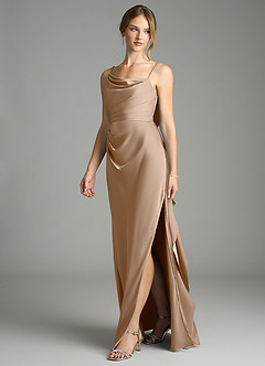 Azazie Eirene Venta Final Vestido de Gris Pardo de Satén Elástico de Corte Recto con Plisado image3