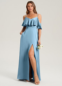 Azazie Jean Bridesmaid Dresses Steel Blue A-Line Off the Shoulder Stretch Satin Dress image3