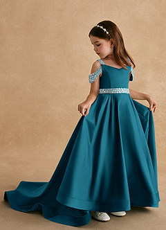 Azazie Jodi Flower Girl Dresses Ink Blue A-Line Matte Satin Dress image1