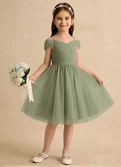 Azazie Lila Girls Formal Robe Demoiselle D'honneur Fillette Robe Trapèze en Tulle Épaule décolletée Pistache image4