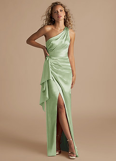 Azazie Maive Bridesmaid Dresses Dusty Sage Sheath Ruched Metallic Satin Dress image1