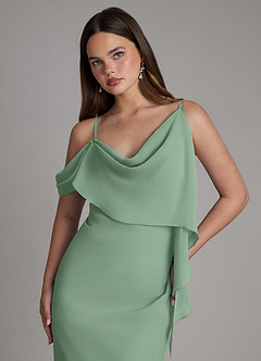 Azazie Yura Vestidos de damas de honor Vestido Matcha de Gasa de Corte Sirena con Hombros descubiertos image2
