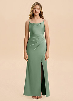 Azazie Christen Junior Matcha Sheath Pleated Stretch Satin Dress image4