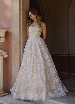 Azazie Geneva Wedding Dresses Diamond White Champagne Ball-Gown Square Neckline Lace Dress image2