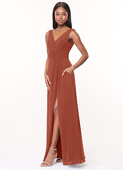 Azazie Karina Bridesmaid Dresses Clay A-Line Pleated Chiffon Dress image3
